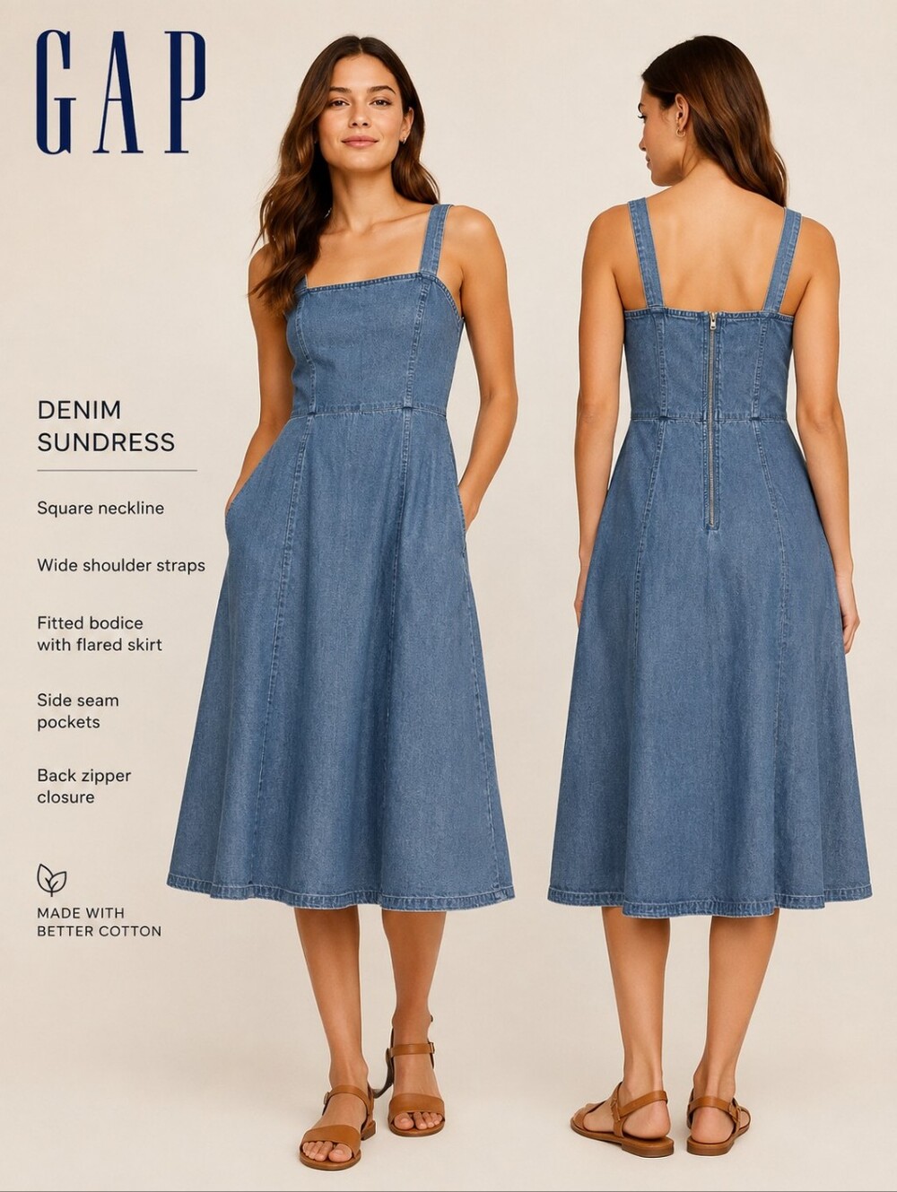 GAP Denim Sundress Midi Square Neck A-Line Flared Blue Dress Pockets Size 2